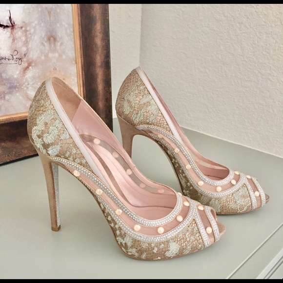 Rene Caovilla Shoes - René Caovilla Nude Gold Lace Pearl Heels Holiday